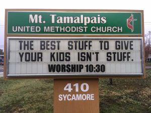Sign Text: The best stuff to give your kids isn't stuff. Worship 10:30